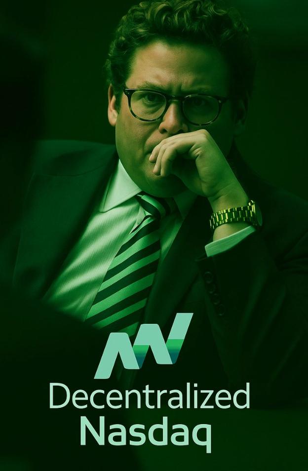 A green-tinted man in a suit and glasses, resting his hand against his face, above Decentralized Nasdaq lettering.