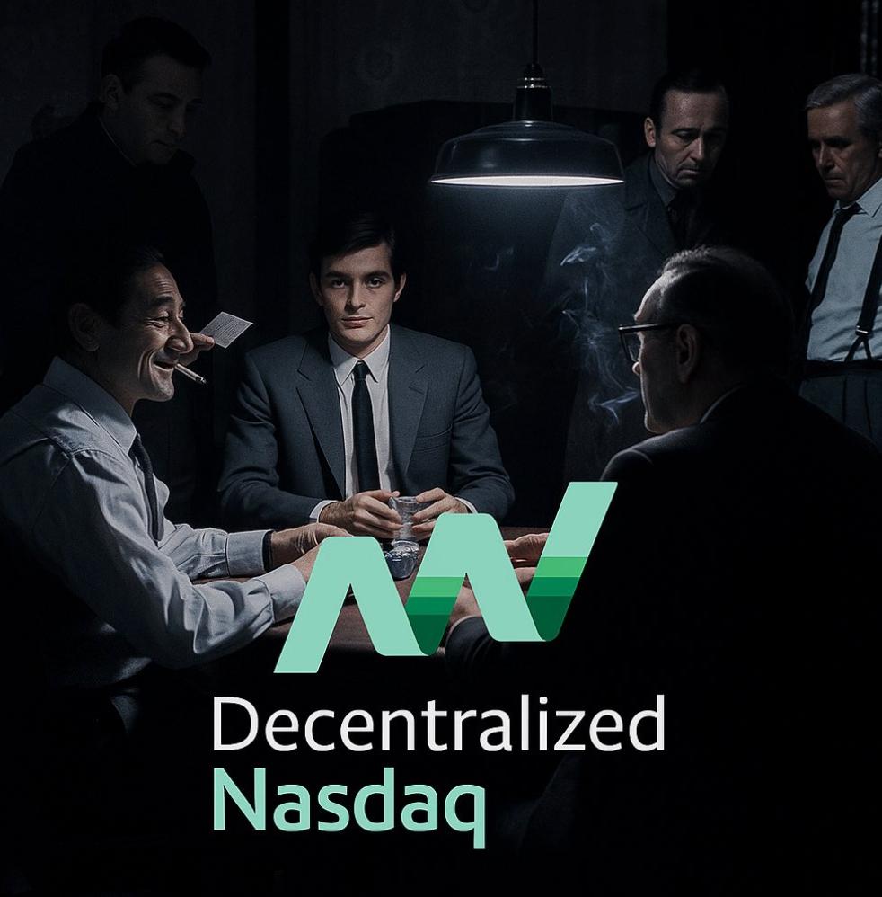 A group of men in suits gathered around a table under a hanging lamp, with Decentralized Nasdaq lettering.