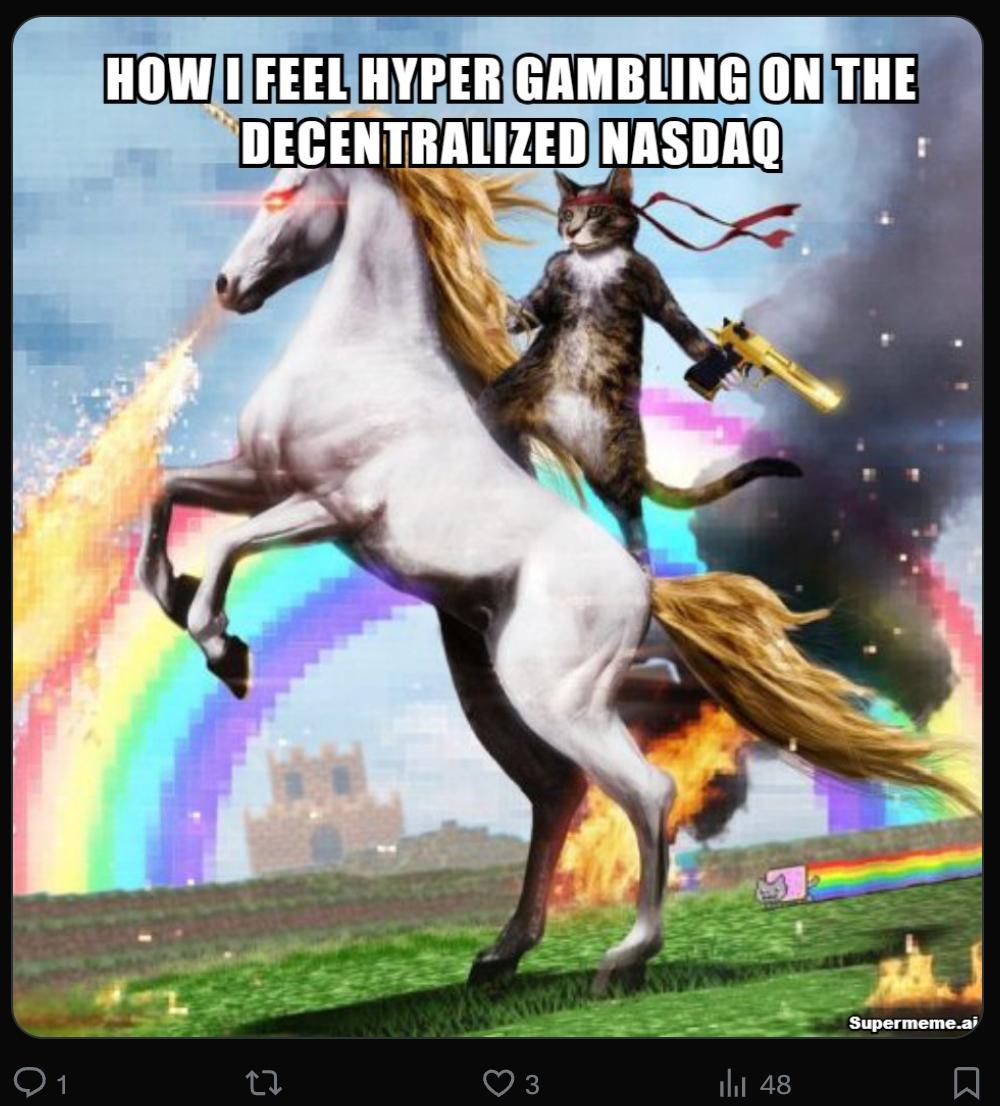 A laser-eyed unicorn carrying a cat with a gold pistol through rainbows, captioned: How I feel hyper gambling on the decentralized Nasdaq.