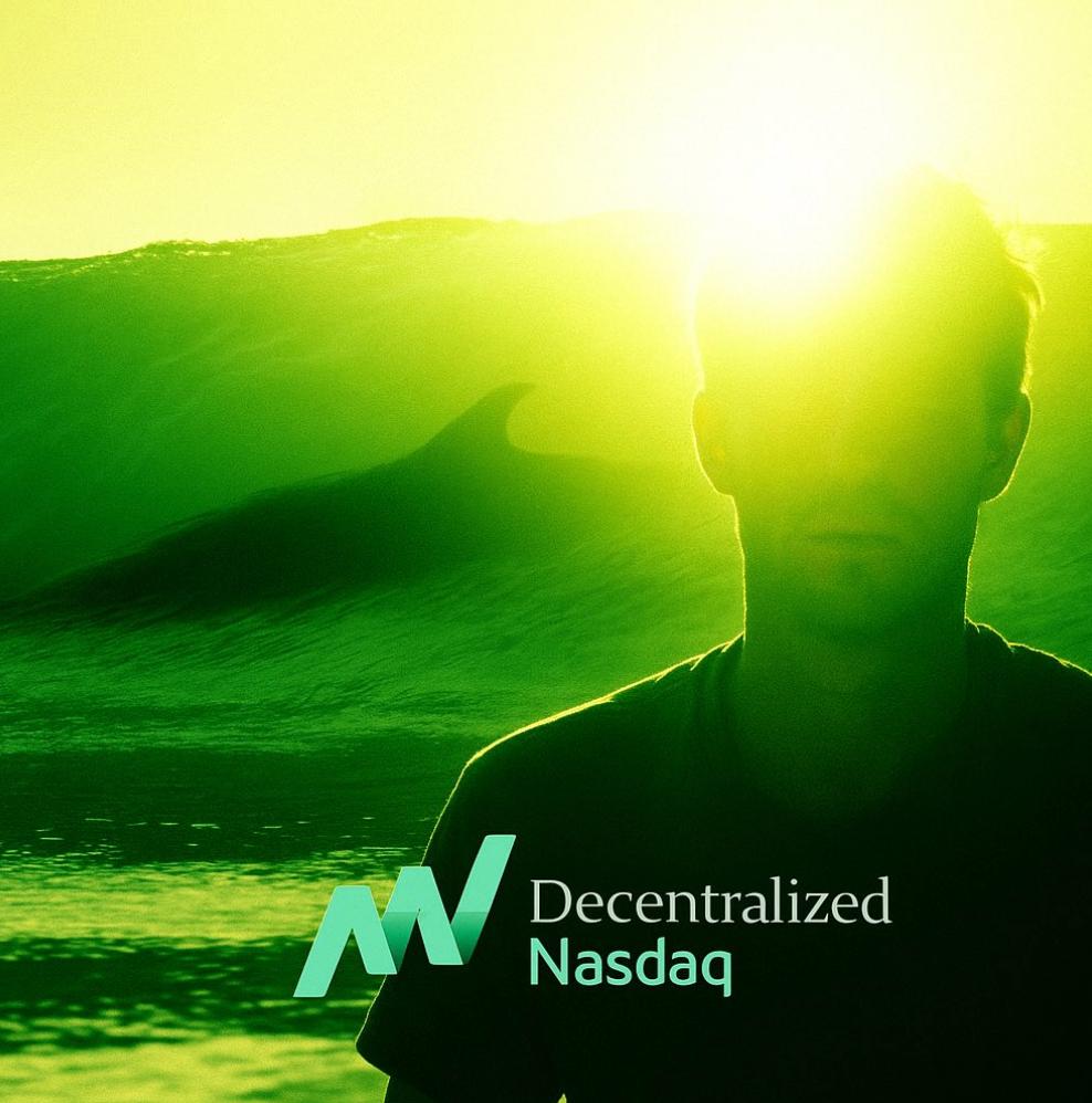 A green-tinted silhouette in sunlit dunes, with Decentralized Nasdaq lettering.